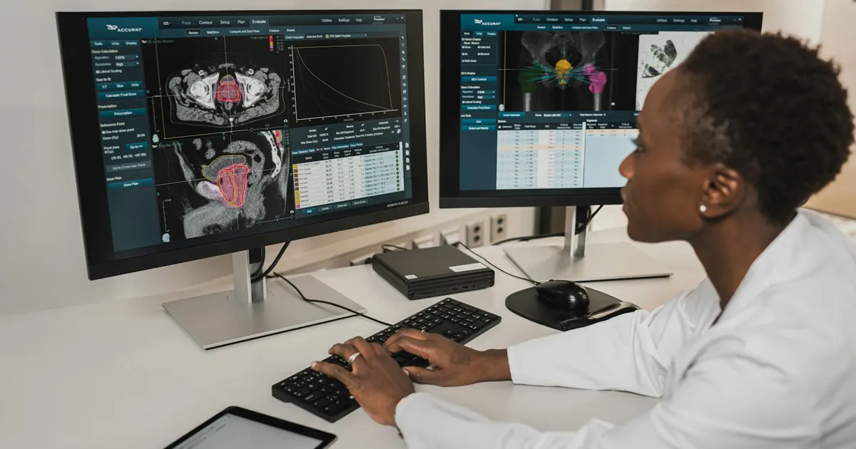 Técnico en la sala de control de radioterapia frente a los monitores del tratamiento